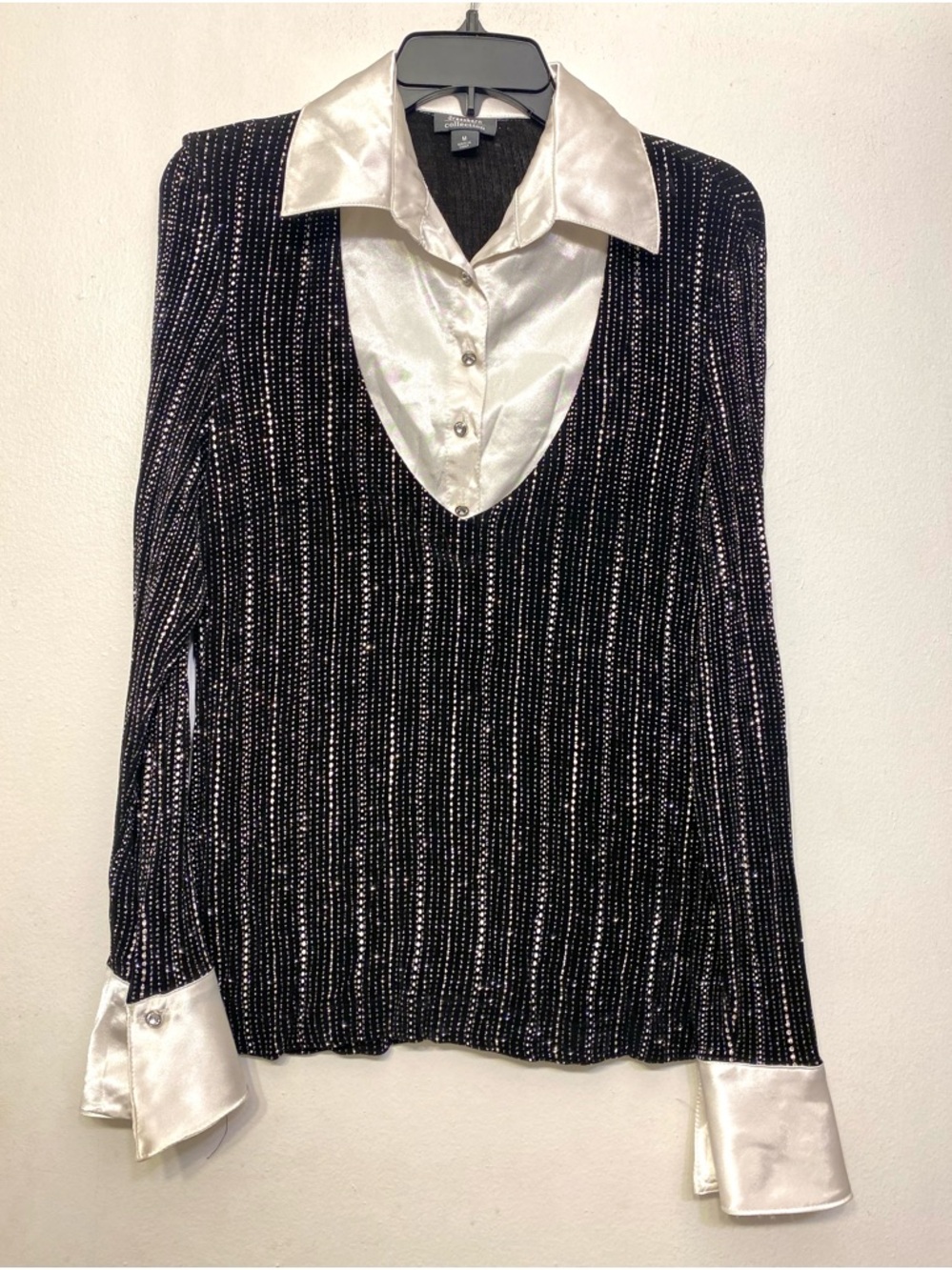 Dressbarn Collection Black Glitter White Satin Women Evening Blouse Medium